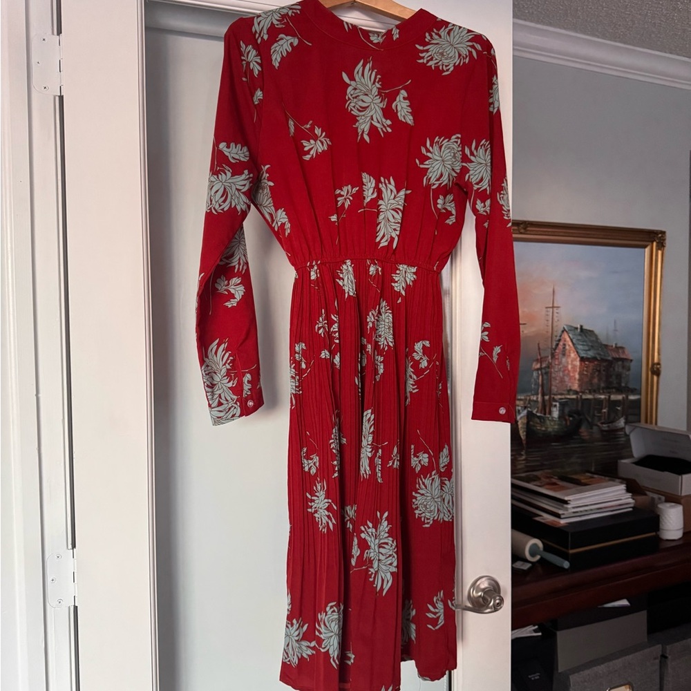 Italian Boutique Red Pleated Sundress with Bishop Sleeves